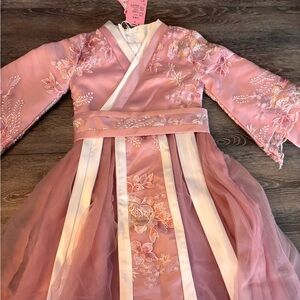 Elegant Pink Floral Kids Dress with White Details